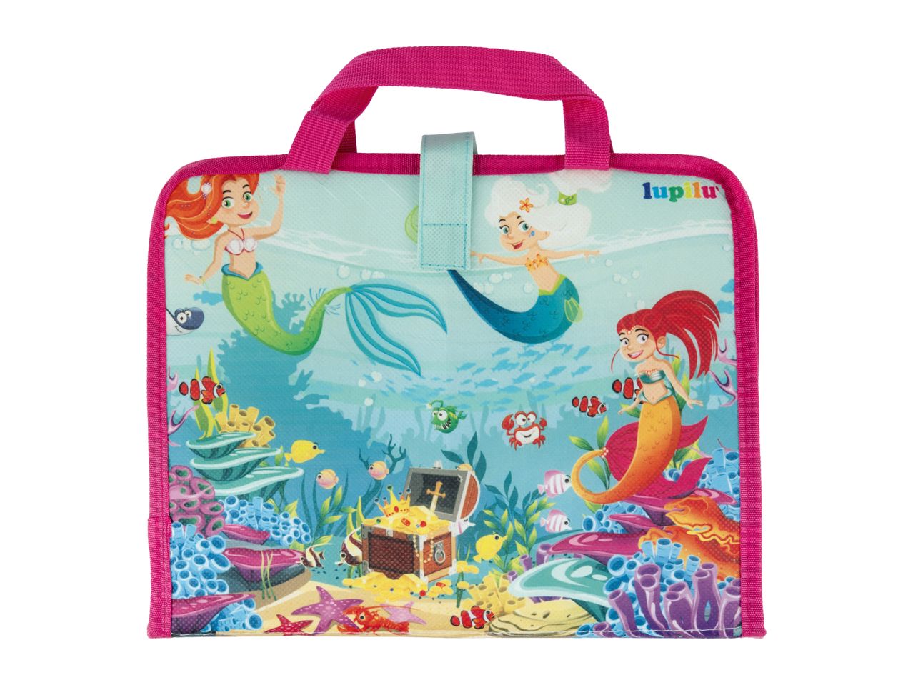 Mermaid-themed children's bag with underwater scene, coral, fish, and treasure chest.
