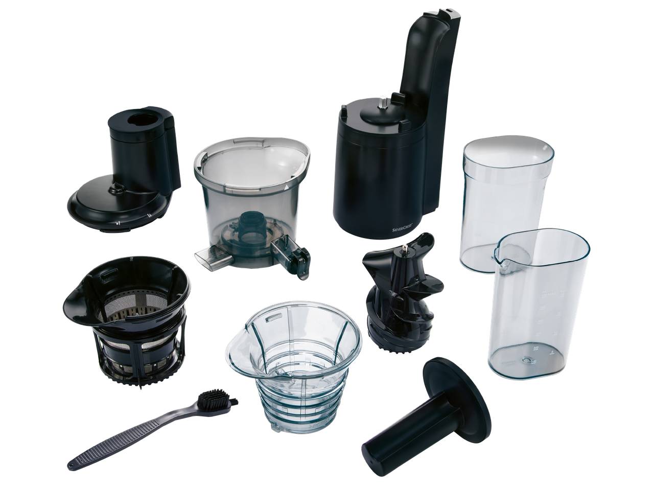 Разглобени части на сокоизстисквачка Silvercrest, включително контейнери, цедки и четка за почистване.