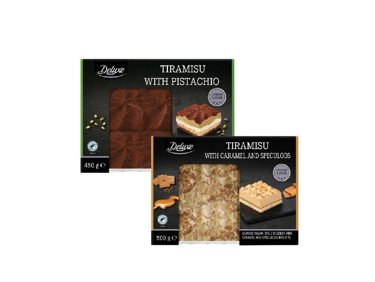 Du „Deluxe“ tiramisu desertai: vienas su pistacijomis, kitas su karamele ir spekuliaciniais sausainiais.