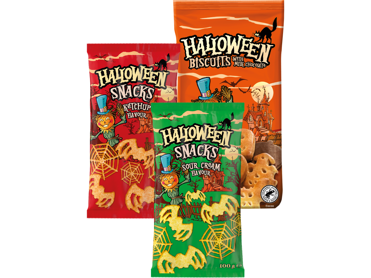 Tre påsar med Halloween-snacks: ketchup, gräddfil och kex med mjölkchoklad.
