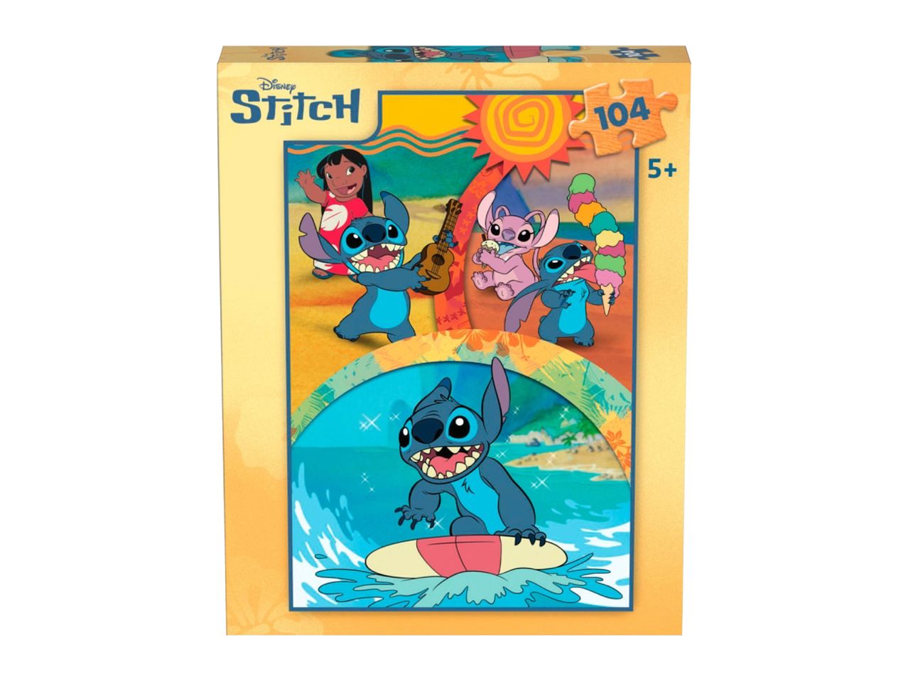 Stitch puzzle box with 104 pieces, featuring Stitch and Lilo on a beach vacation.