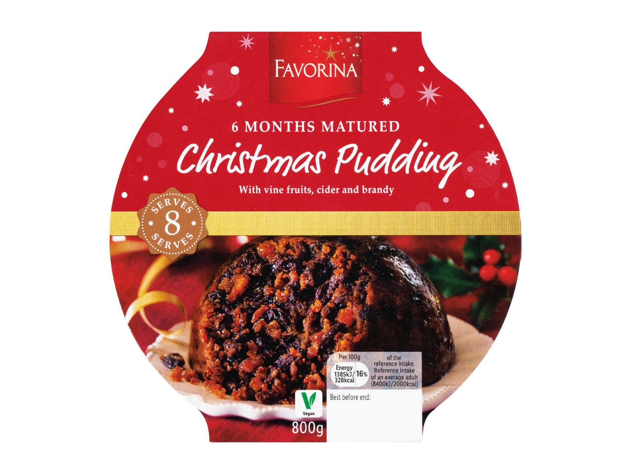 An 800g Christmas pudding with vine fruits, cider and brandy, serving 8 people.