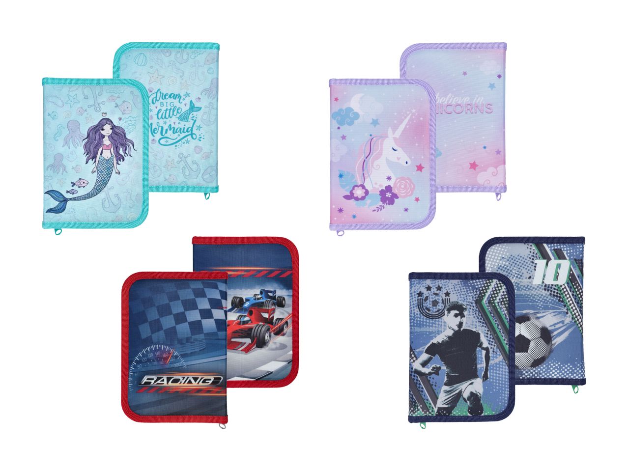 Deux paires de trousses scolaires à motifs : princesses et voitures.