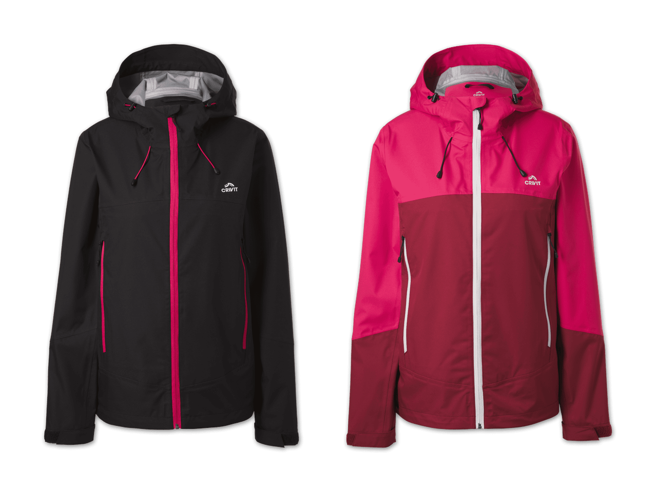 Zwei Damen-Outdoorjacken, eine schwarze mit pinken Akzenten und eine rot-pinke.