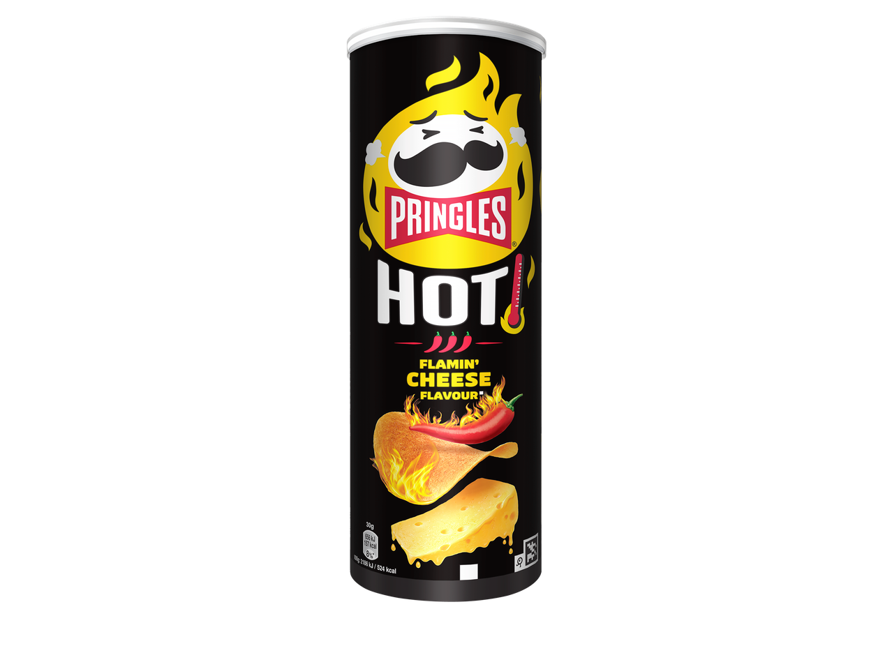Pringles Hot Flamin' Cheese chips in een zwarte koker met een vurig Pringles-logo.