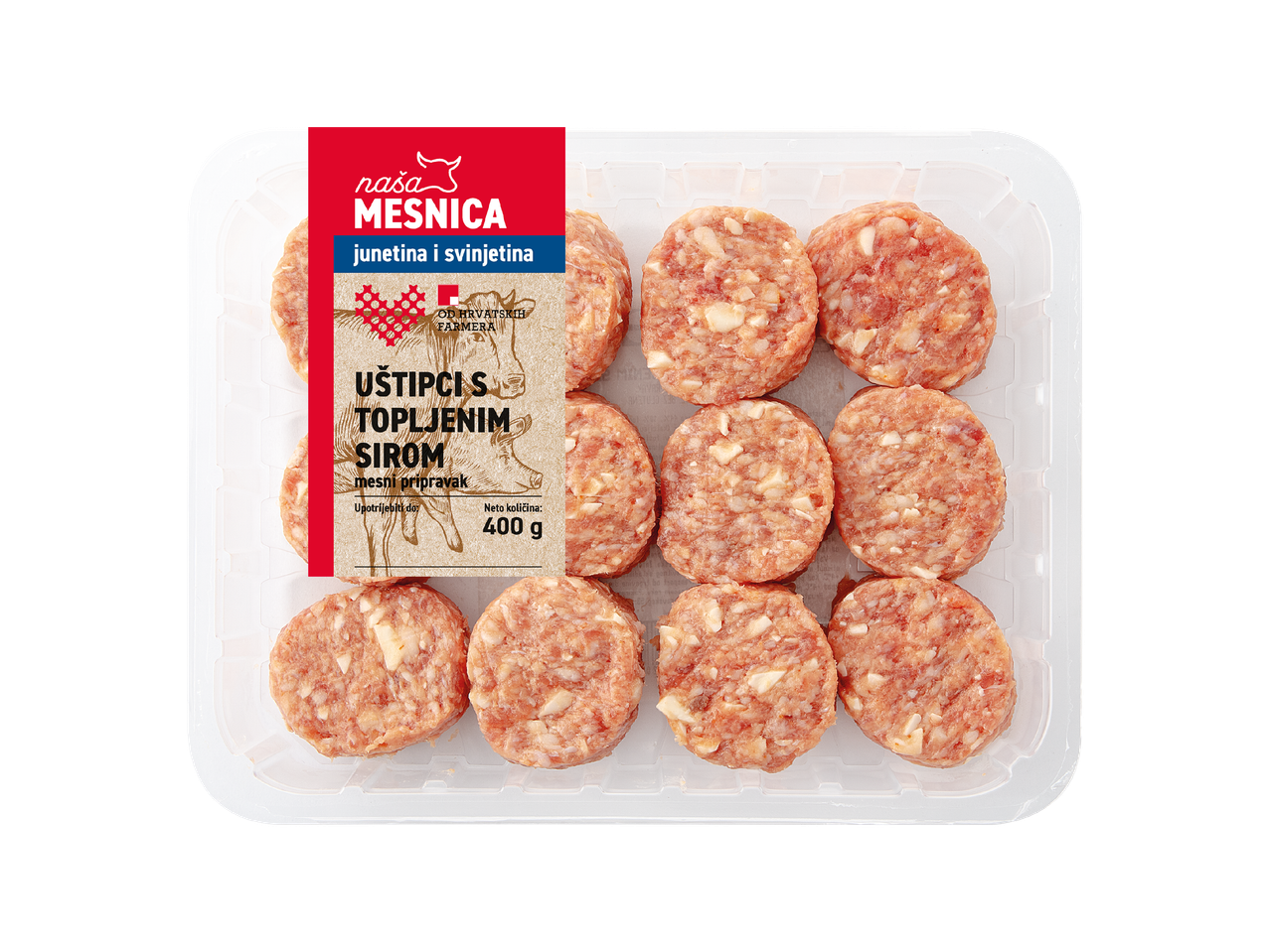 Pakiranje mesnih uštipaka s topljenim sirom, od junetine i svinjetine, neto količine 400g.