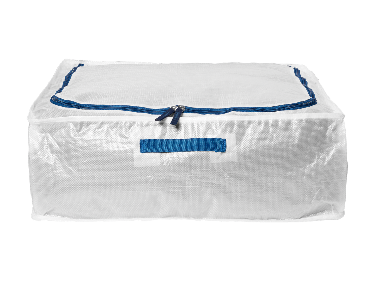 Saco de arrumação W5 branco com fecho e alças azuis.
