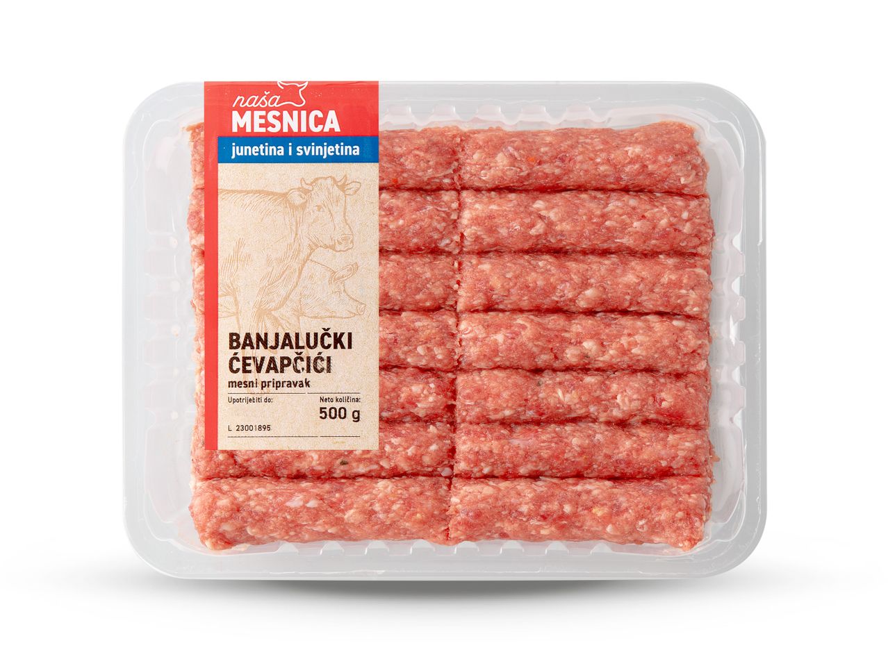 Pakiranje Banjalučkih ćevapčića od 500g, mesnog pripravka od junetine i svinjetine.