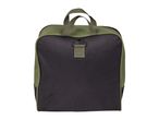 A green and black duffel bag with a top handle and a small loop on the front.
