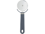 A grey-handled pizza cutter with a stainless steel blade.