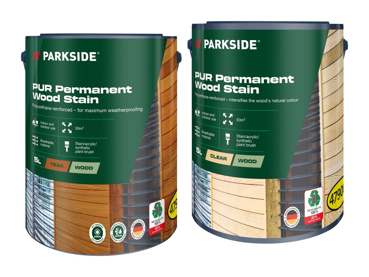 Dve pločevinki Parkside PUR Permanent Wood Stain, ena za zaščito pred vremenskimi vplivi in druga za intenziviranje barve lesa.