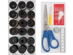 Kit de costura CREALANDO com bobinas de linha, tesoura, agulhas e fita métrica.