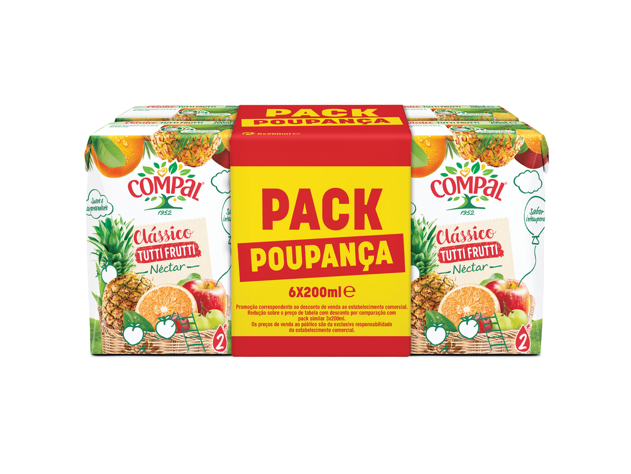 Pack Compal Tutti Frutti Néctar 6x200ml com ananás, laranja, maçã e pêssego.