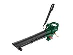 Green and black electric leaf blower with a shoulder strap and wheels.