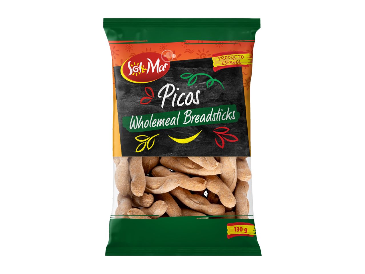 Sol & Mar Picos Wholegrain Breadsticks in a green and orange bag.