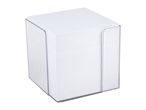 White paper memo cube in a clear acrylic holder.