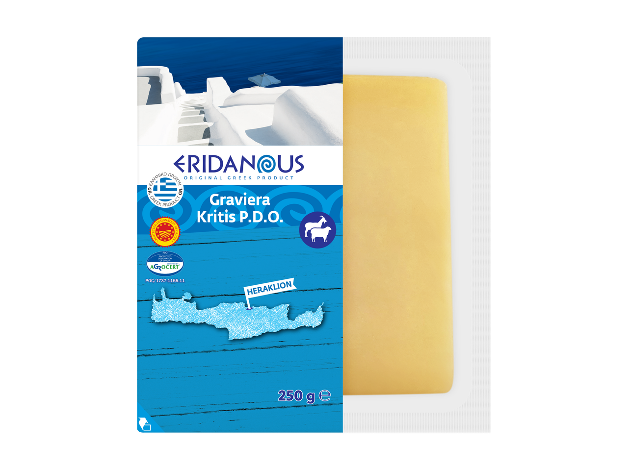 Graviera sūris iš Kretos, 250g, su mėlynos ir baltos spalvos Graikijos salų tematikos pakuote.