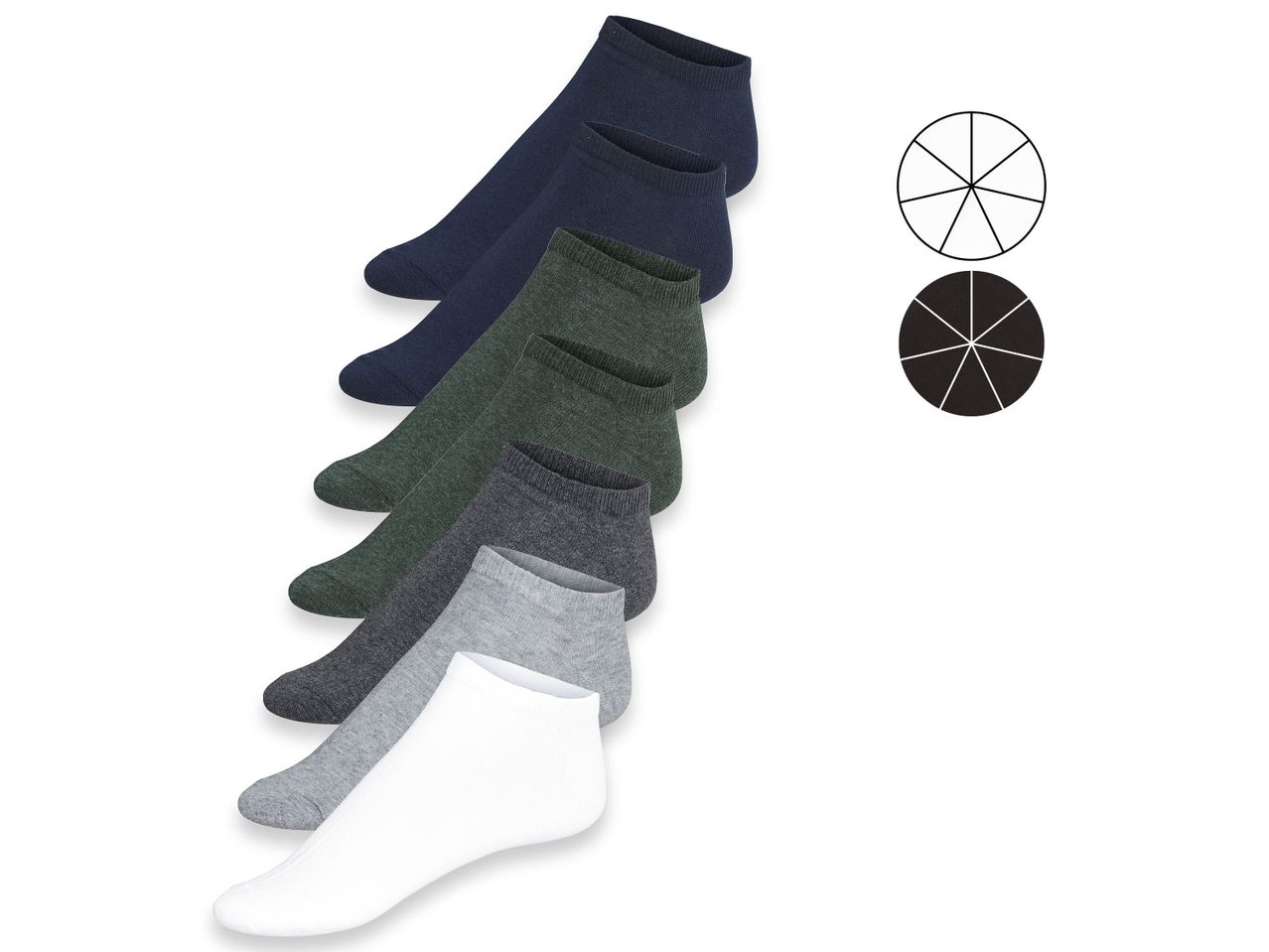 Five pairs of crew socks in navy, dark green, charcoal, light gray, and white.