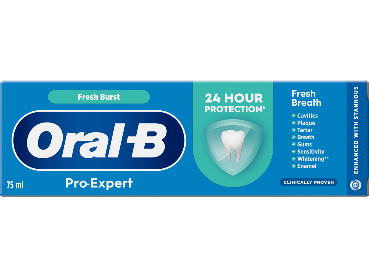 Oral-B Pro-Expert Fresh Burst Toothpaste, 75ml, offering 24-hour protection for fresh breath.