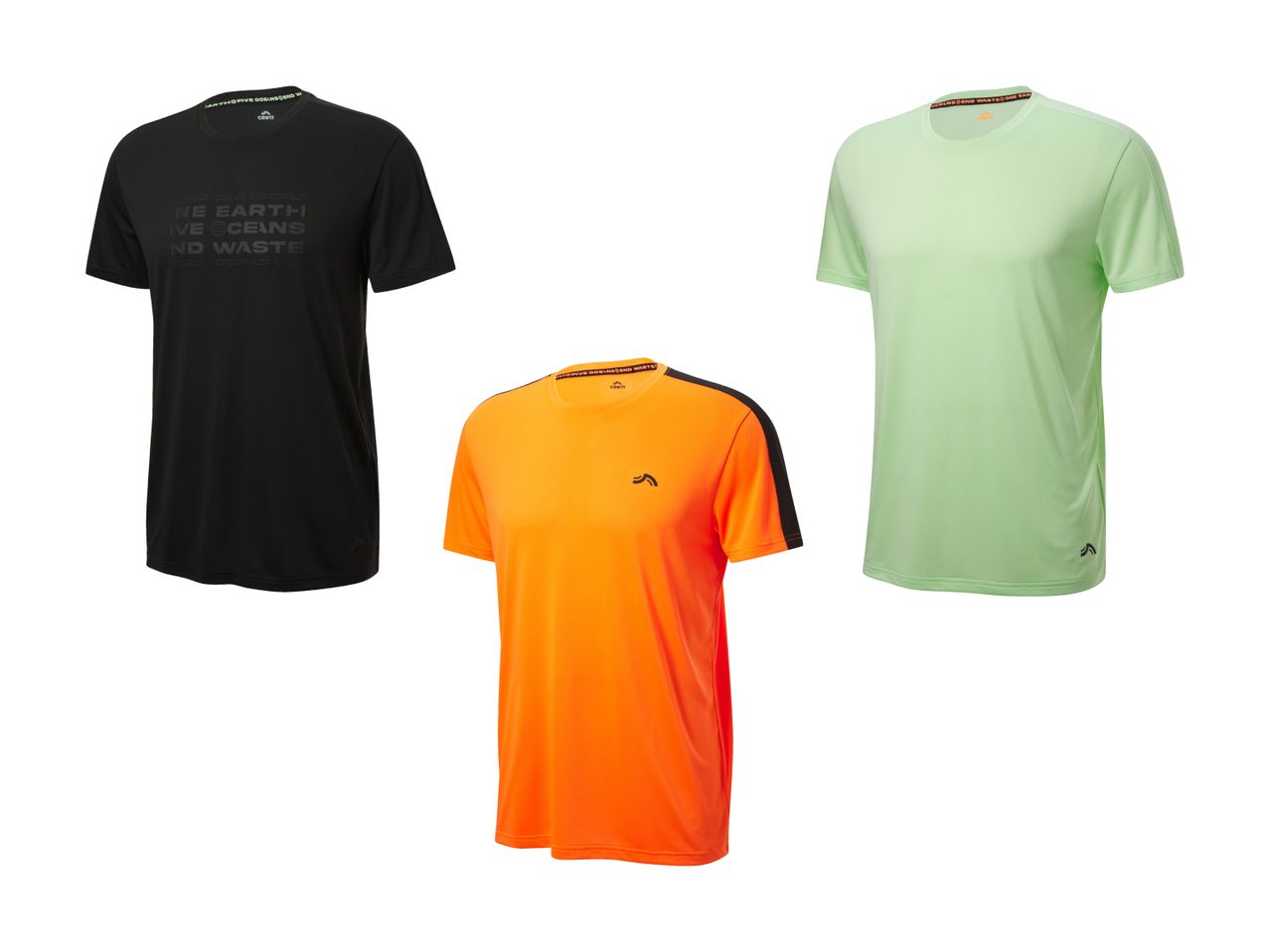 Tre Nike træningsskjorter i sort, orange og lysegrøn.