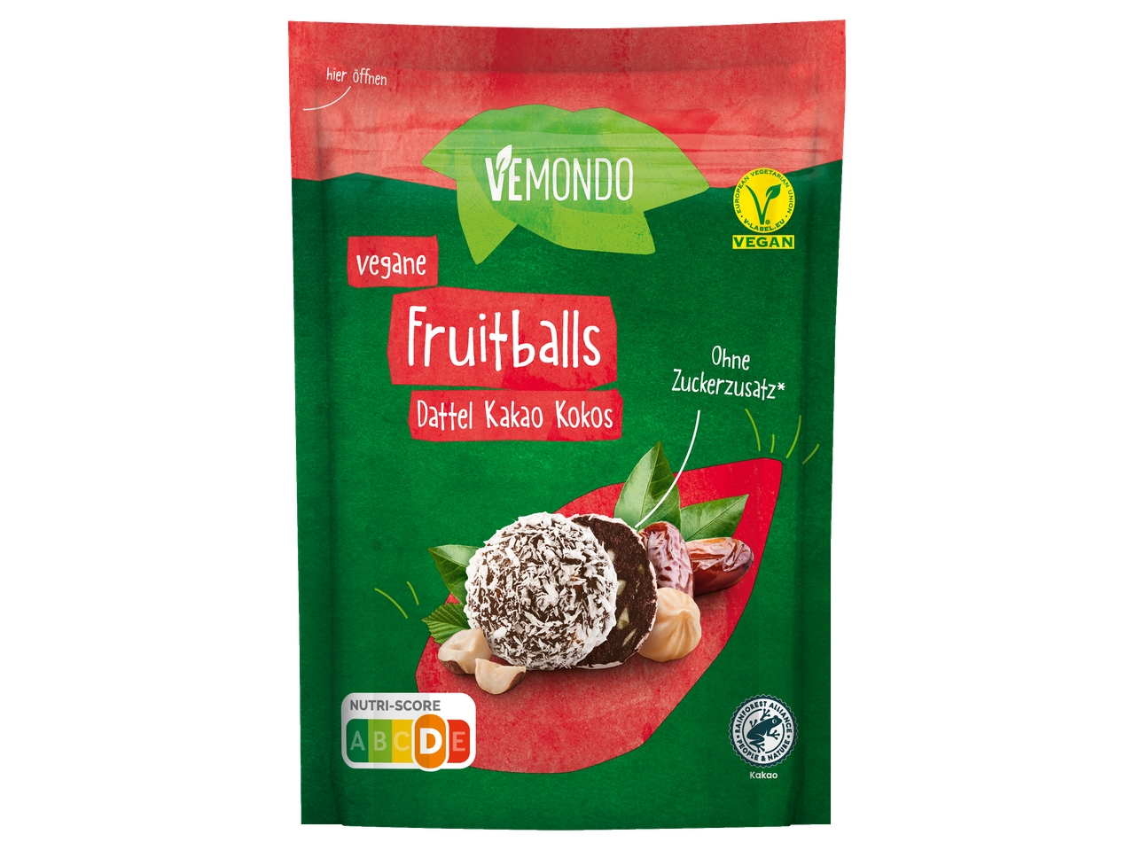 VEMONDO Vegane Fruitballs mit Dattel, Kakao und Kokos, ohne Zuckerzusatz, Nutri-Score D.