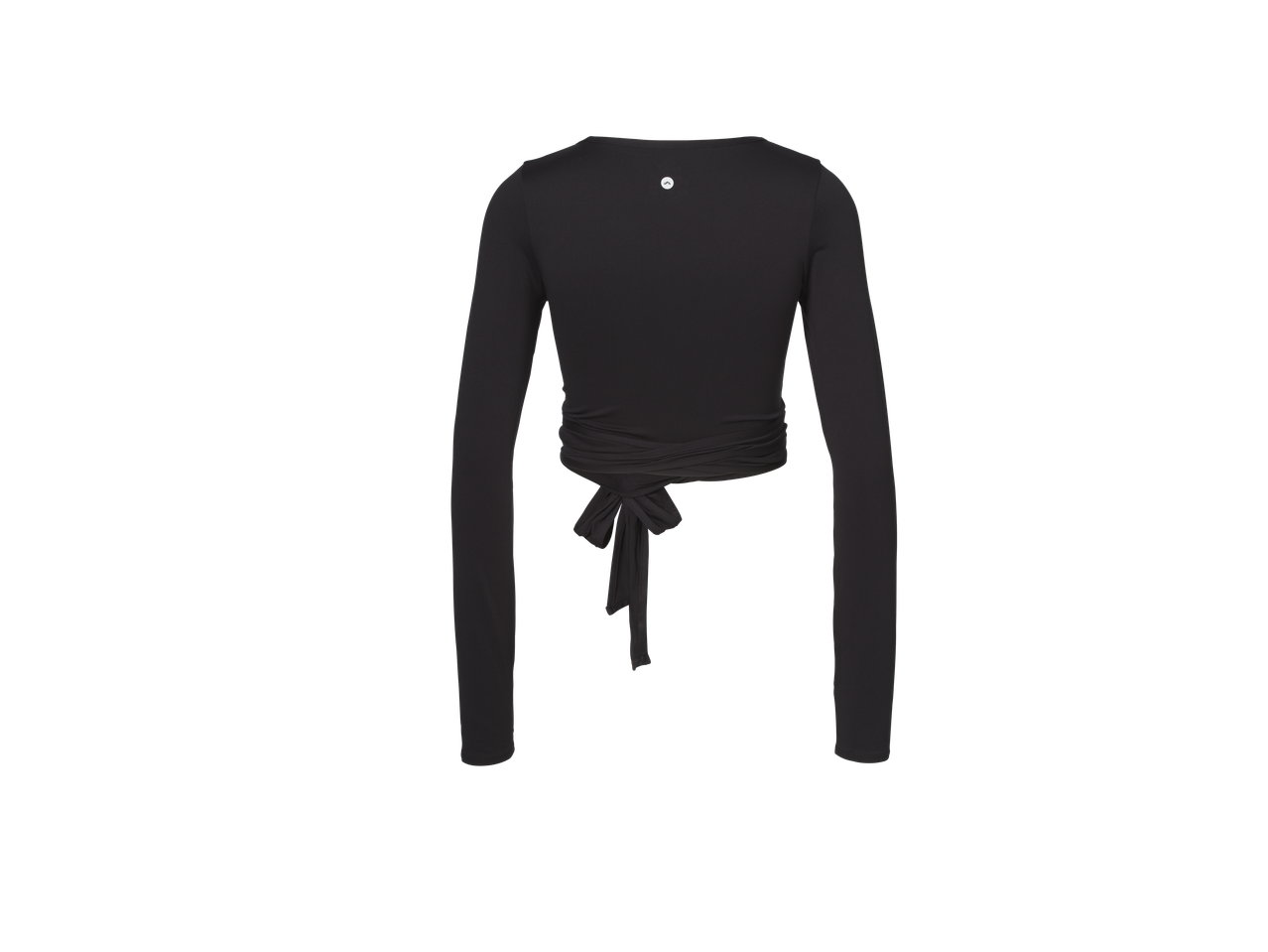 Дамска черна функционална блуза CRIVIT с дълъг ръкав и връзки отзад.