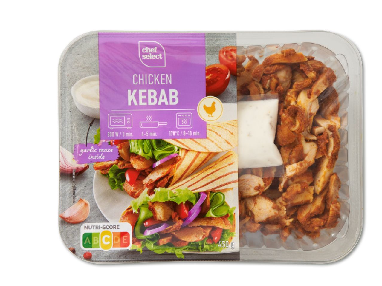 'The Greenery' kaubamärgi valmis söödav šašlõkk-kebab koos kastme ja leivaga.