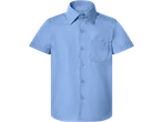 Light blue short-sleeve kids' shirt with buttons and a pocket.