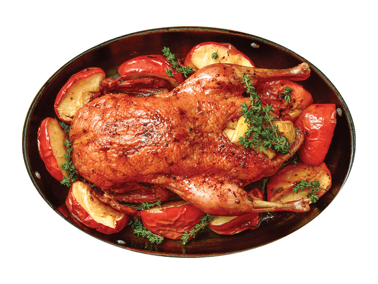 Kepta antis su obuoliais ir čiobreliais ovaliame kepimo inde.