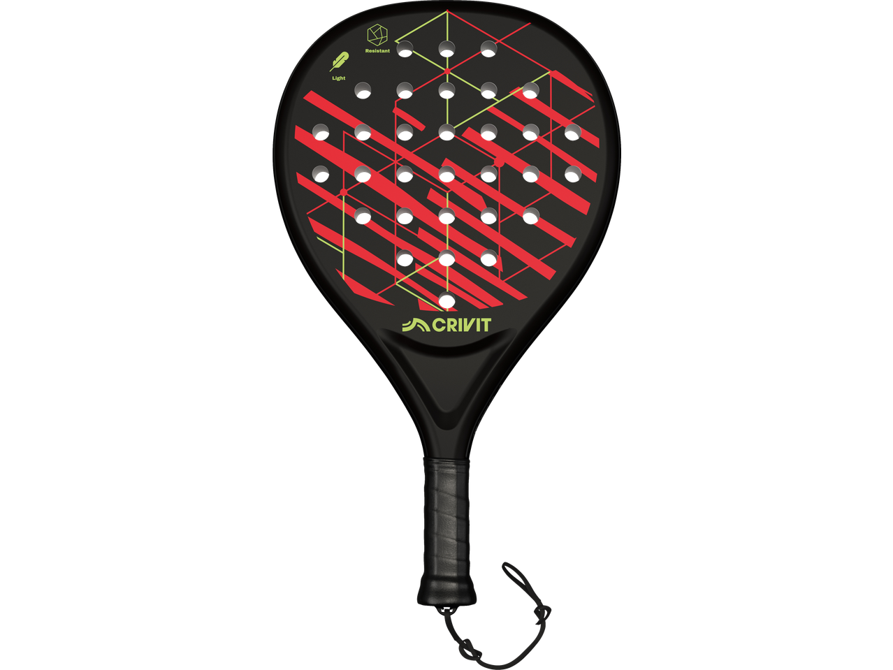 Zwart padelracket met rood en limoengroen geometrisch ontwerp, met 'Light' en 'Resistant' iconen.