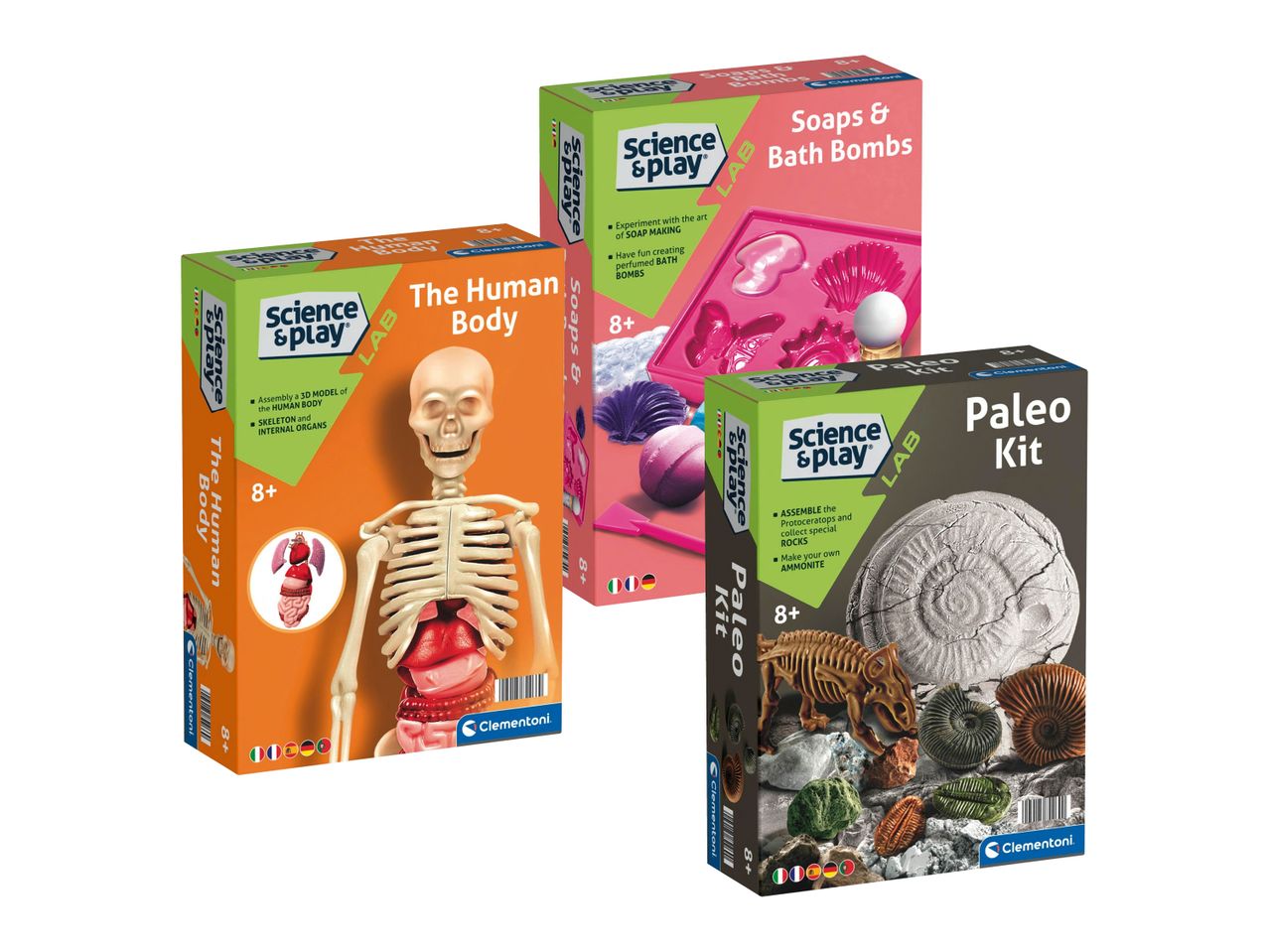 Drei Clementoni Science & Play Experimentierkästen: Seifen & Badebomben, Der menschliche Körper und Paläo-Set.