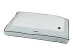 Light grey pet bed with a white textured top and a black paw print logo.