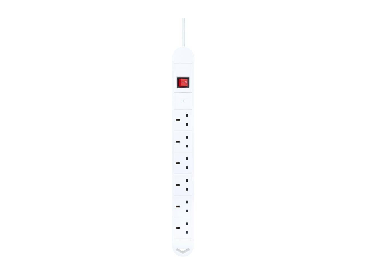 White power strip with six UK sockets and a red on/off switch.