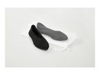 Black ballet flats with a white mesh laundry bag on a white background.