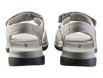 Pair of light grey and black outdoor sandals, seen from the back.