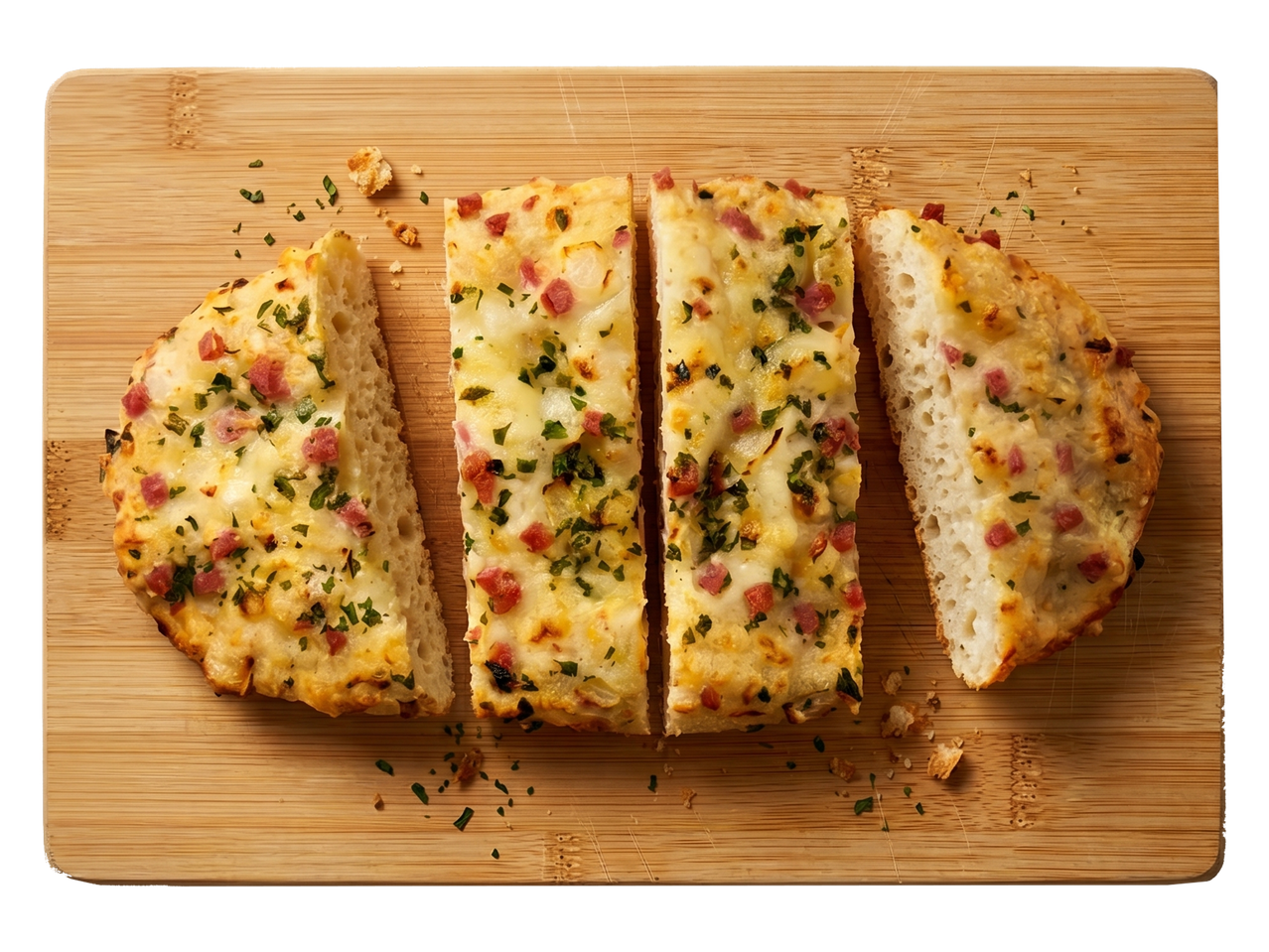 Vier stukken focaccia met kaas, spek en kruiden op een houten snijplank.