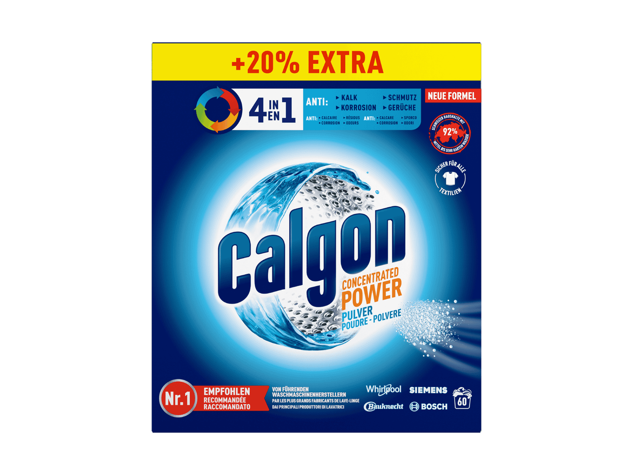 Verpackung von Calgon Concentrated Power, einem 4-in-1-Waschmaschinenadditiv gegen Kalk, Korrosion, Schmutz und Gerüche.