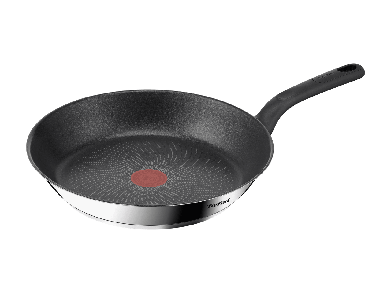 Schwarze Bratpfanne mit silbernem Rand und rotem Thermopunkt in der Mitte.