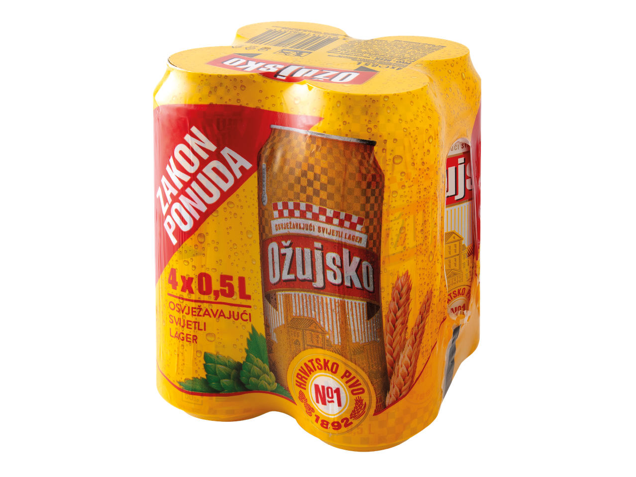 Pakiranje od četiri limenke svijetlog lagera s natpisom 'Zakon ponuda' i hmeljem.