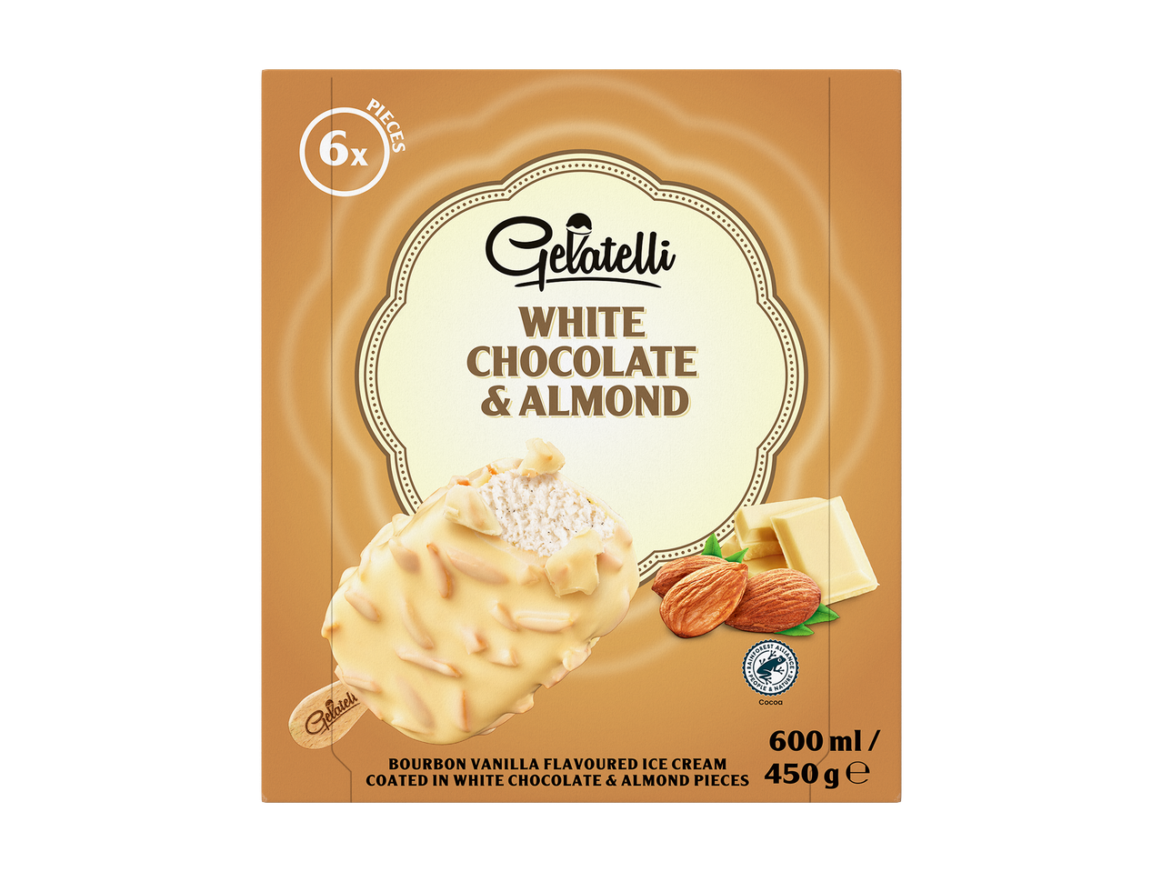 Înghețată cu ciocolată albă și migdale, 6 bucăți, 600ml / 450g.