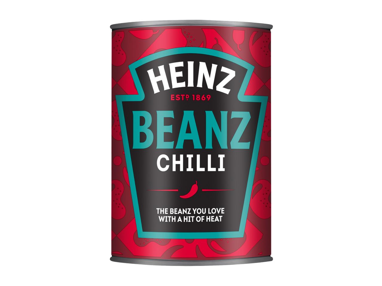 A can of chilli baked beans with a red and black label.