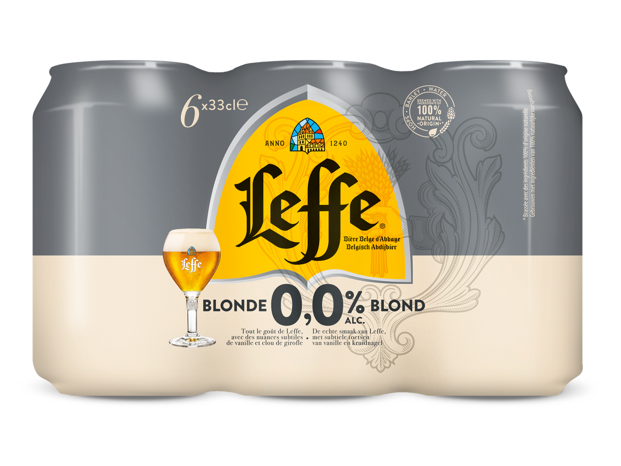 Een sixpack alcoholvrij blond abdijbier met vanille- en kruidnagelnoten.