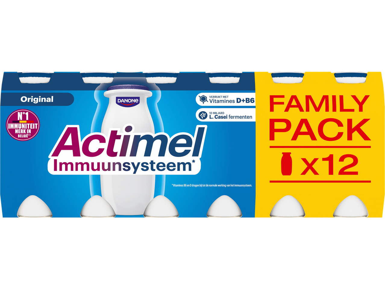 Een multipack van 12 flessen yoghurt met de tekst 'Original', 'Family Pack' en 'Immuunsysteem'.