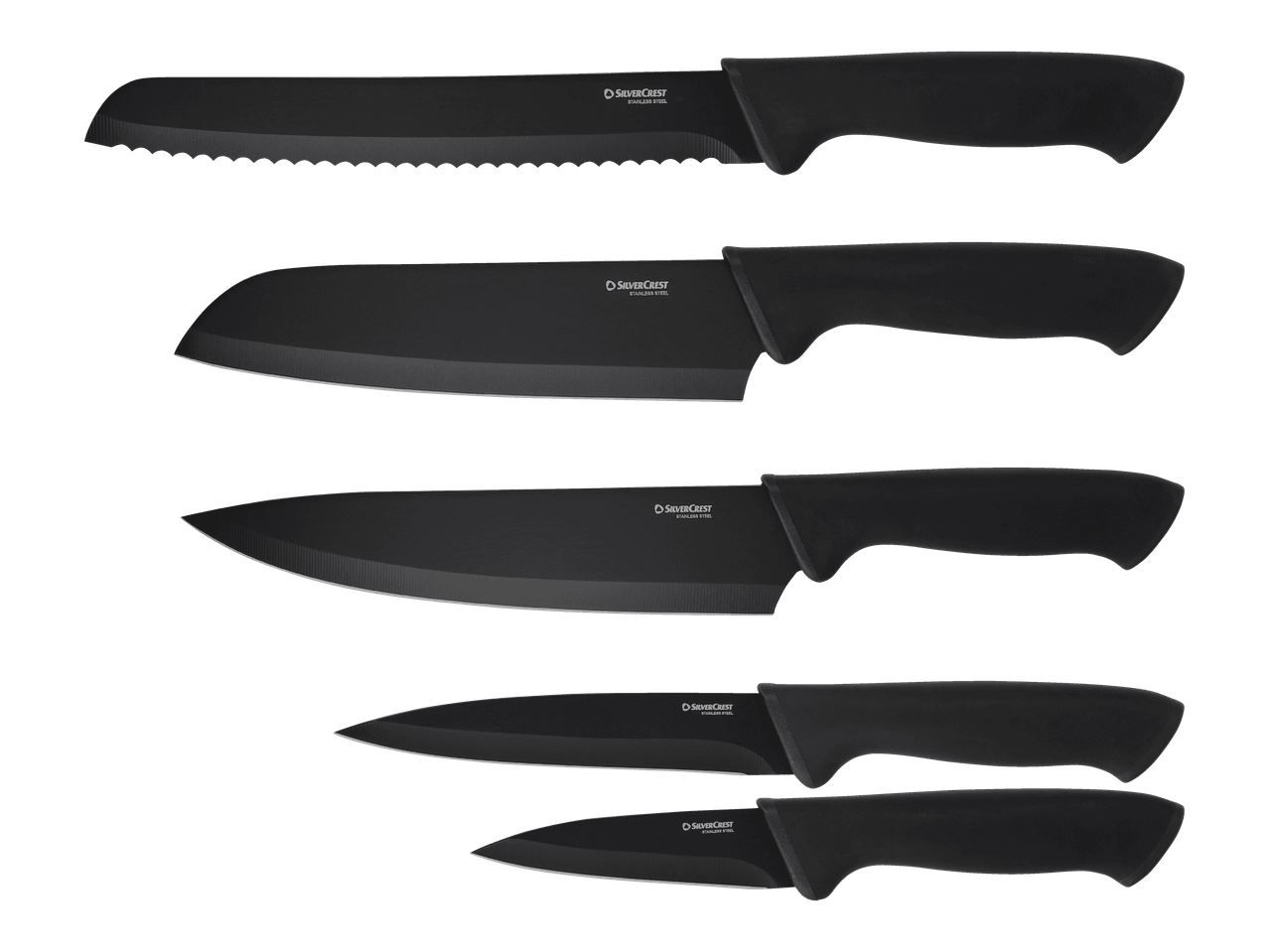 Viisi mustaa keittiöveistä, joissa on erilaiset terät ja kahvat, aseteltuna päällekkäin.