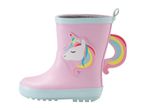 Pink children's wellington boot with a unicorn and rainbow design