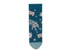 A single teal sock with a dinosaur playing basketball design.
