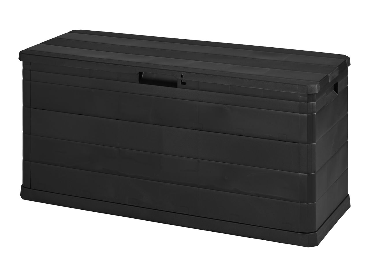 Black plastic outdoor storage box with a textured, slatted lid and integrated handles.
