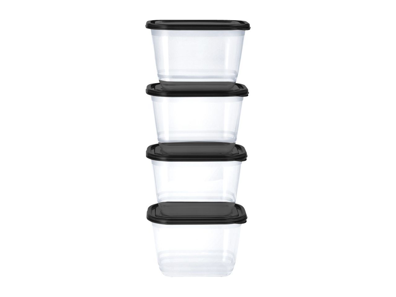 A stack of four clear rectangular food storage containers with black lids.