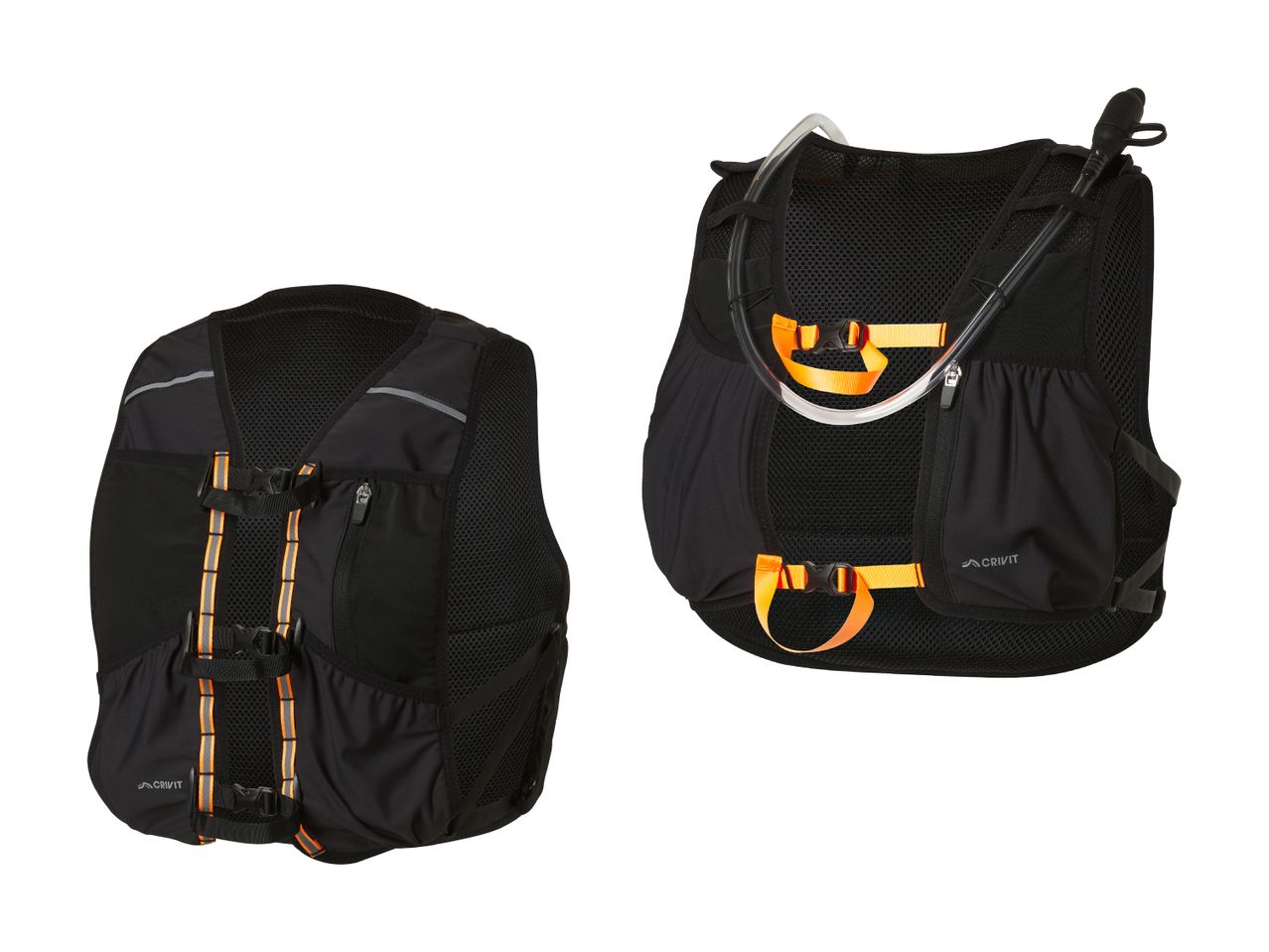 To sorte hydreringsveste med orange stropper og drikkesystemer, set forfra og bagfra.