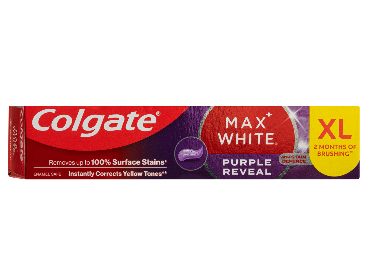 Colgate Max White Purple Reveal fogkrém doboz, eltávolítja a felületi elszíneződéseket, korrigálja a sárga tónusokat.
